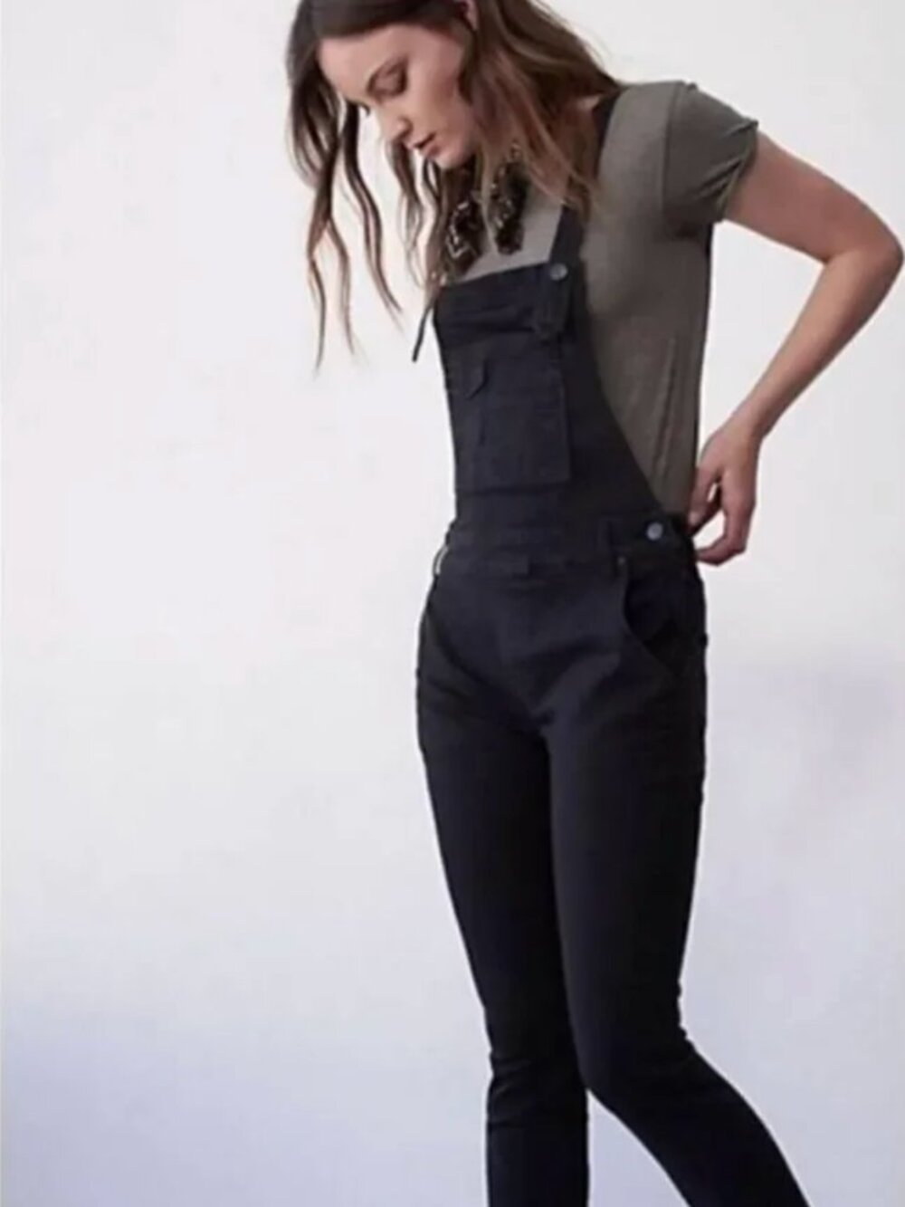 Free People Washed Black Denim Skinny Leg Overalls